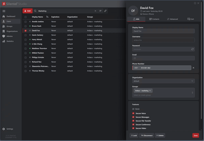 A screenshot of the Silentel Studio admin console, showing the user list and one user’s editable profile panel.